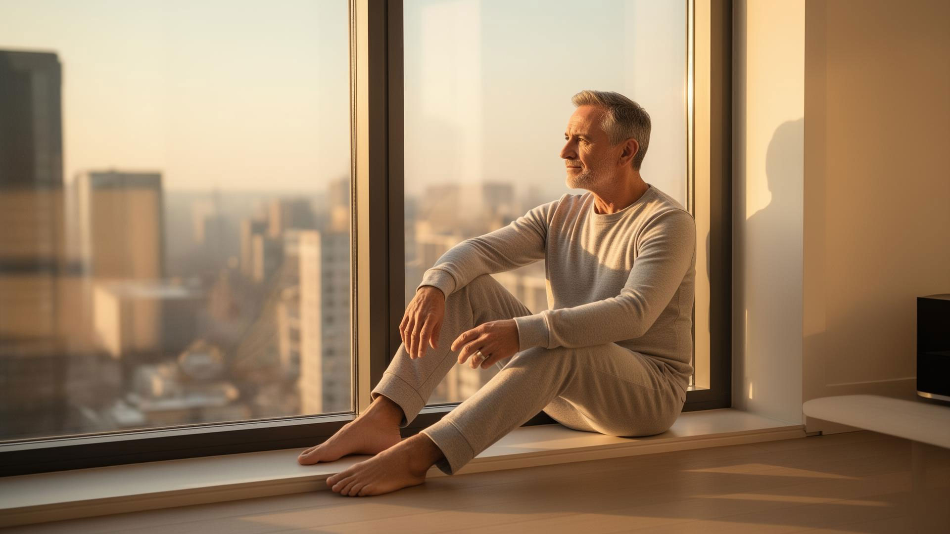 Man in peaceful contemplation by window