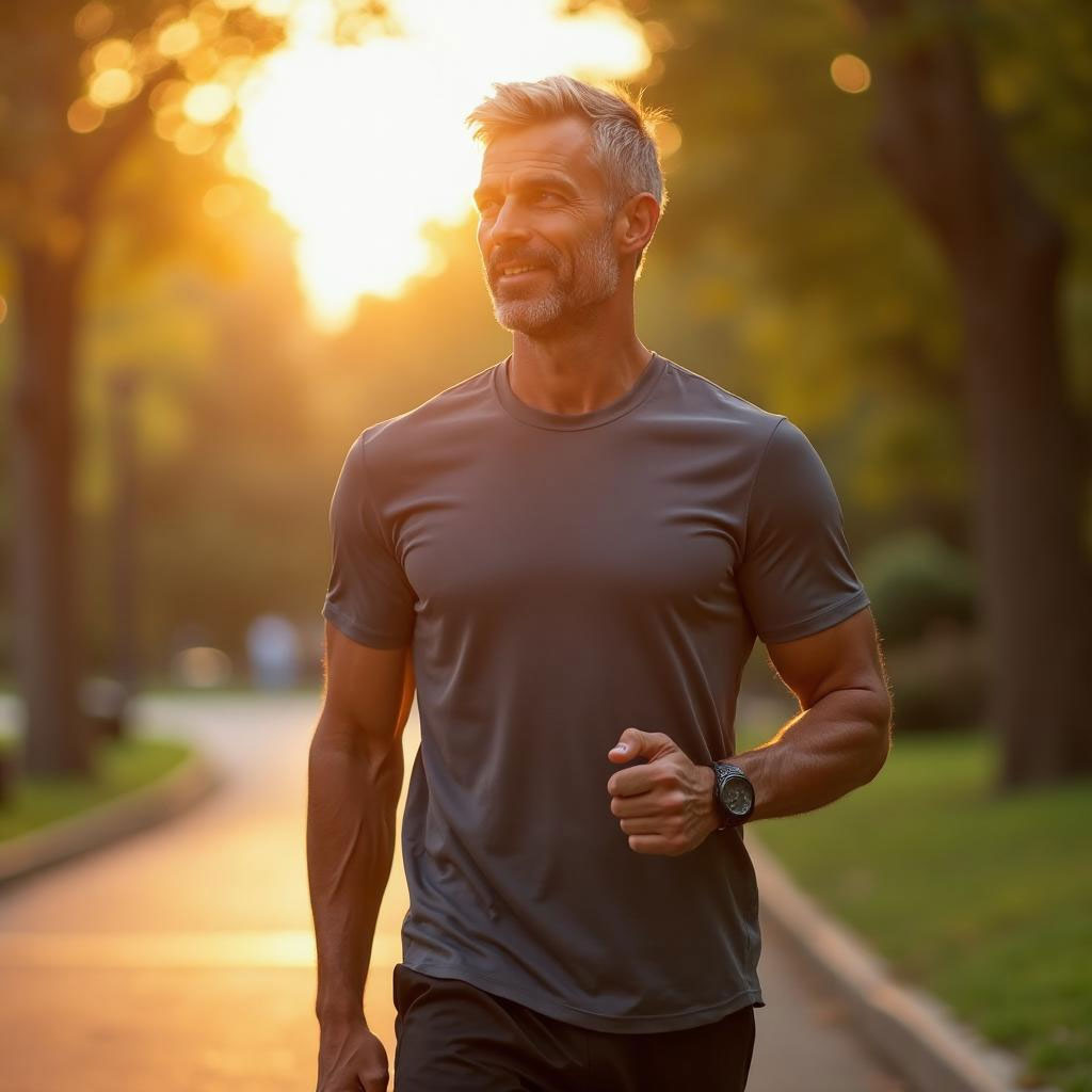 Man walking confidently in park at sunrise