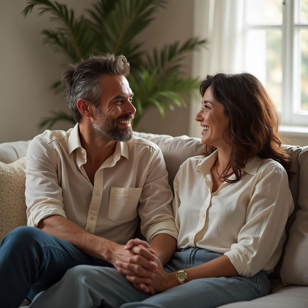 Couple sharing intimate moment on sofa
