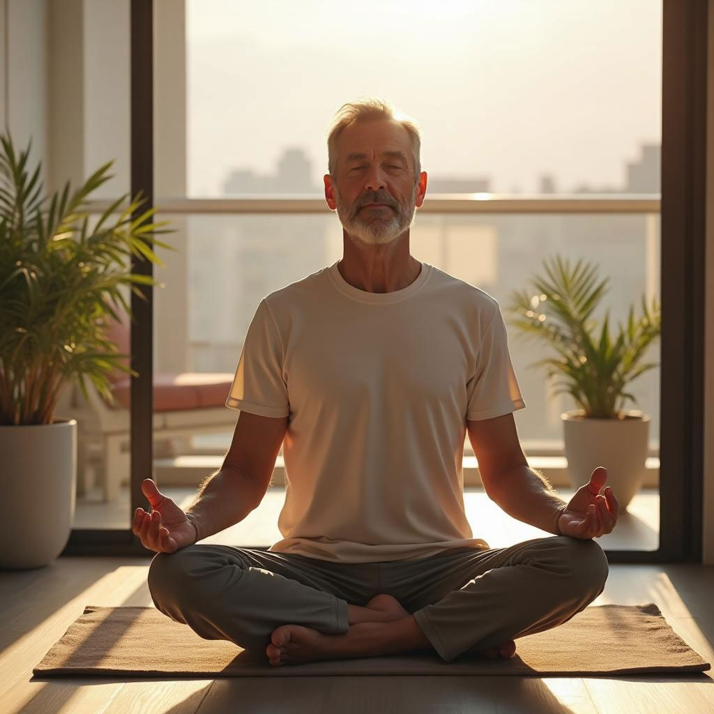 Man meditating peacefully on balcony