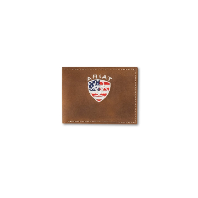 ARIAT Men's Embossed Shield Logo Bifold Wallet - Two Tone Brown Leather Wallet