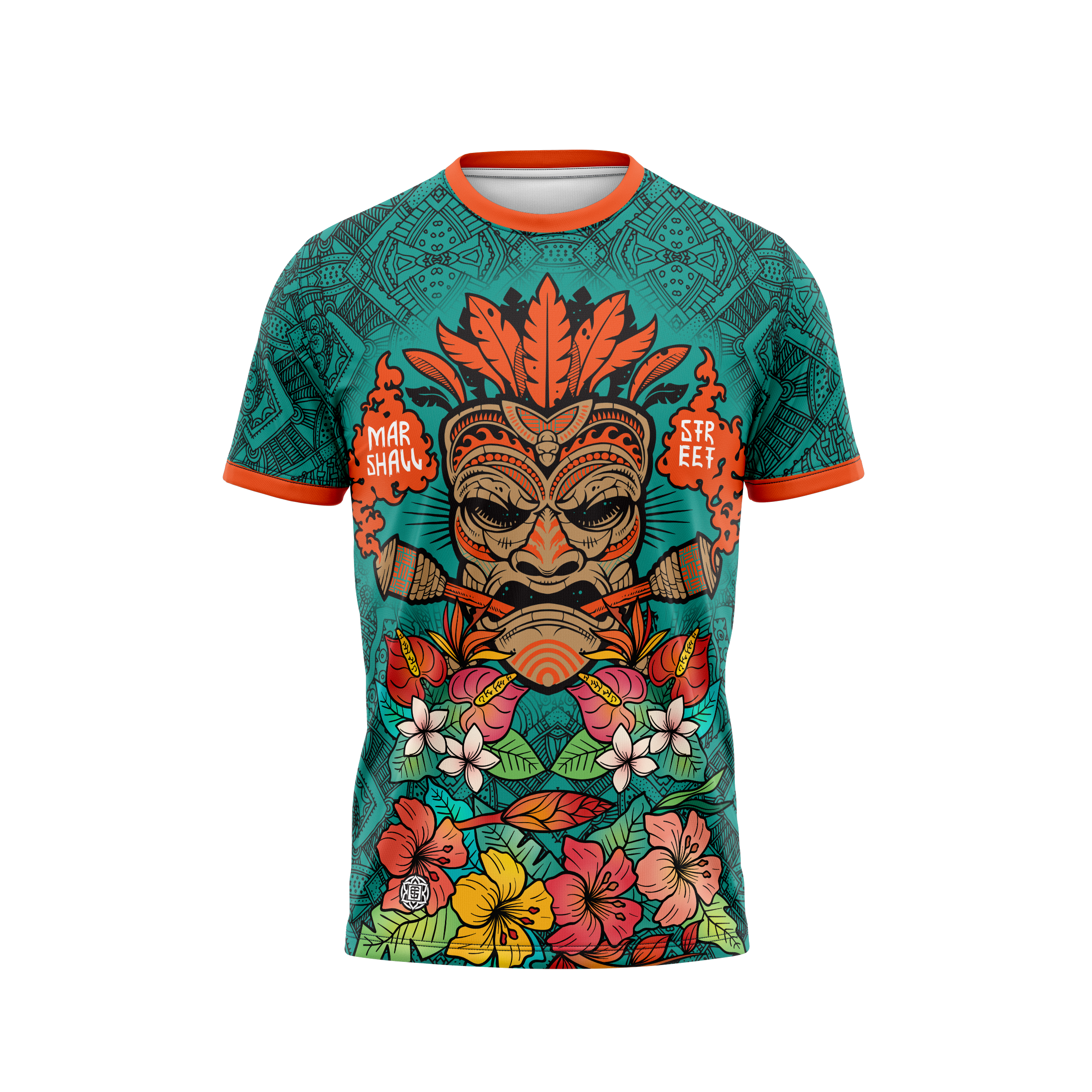 617562 Marshall Street Tiki Mask Jersey - Thought Space Athletics - TealOrange, LG