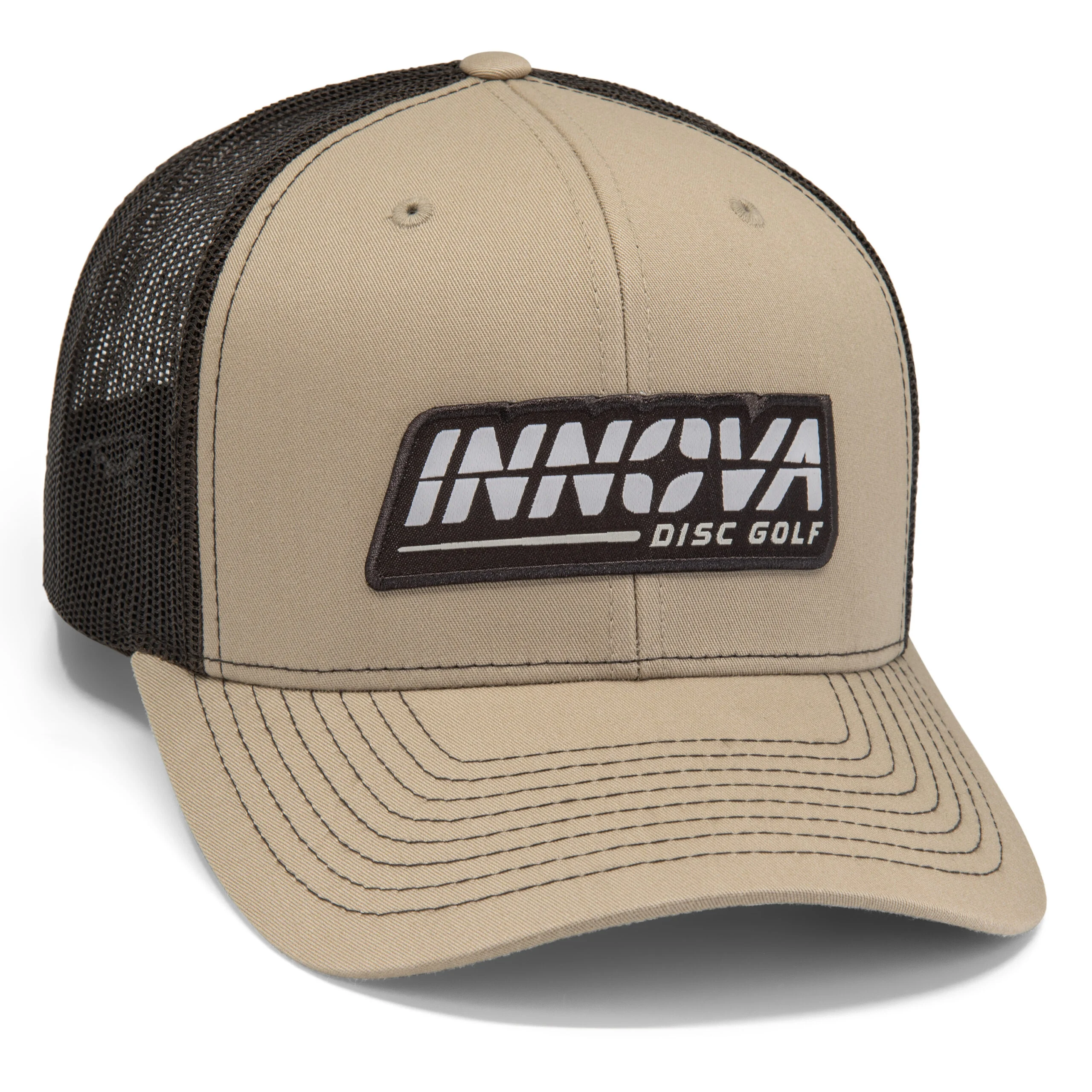 728521 Innova Mid-Pro Snap Back Trucker Hat, Burst Woven Patch - Khaki-Coffee, Snap Back