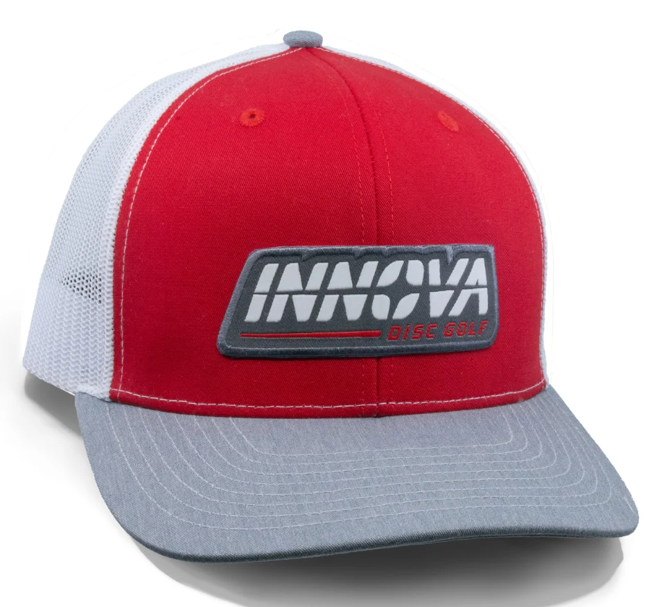 839571 Innova Mid-Pro Snap Back Trucker Hat, Burst Woven Patch - RedWhiteGray, Snapback