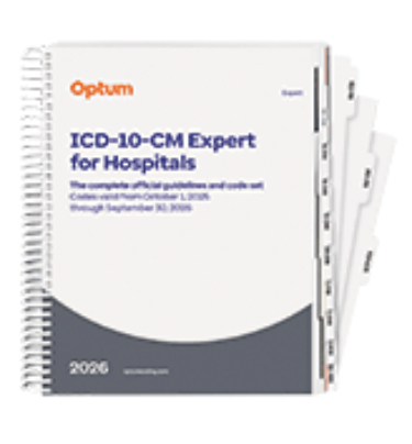 ICD-10-CM Expert for Hospitals 2026. The Complete Official Guidelines and and Code Set. Codes Valid from October 1, 2025 through September 30, 2026 Cover Image