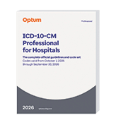 ICD-10-CM 2026: Professional for Hospitals. The Complete Official Guidelines and Code Set. Codes Valid from October 1, 2025 through September 30, 2026 Cover Image