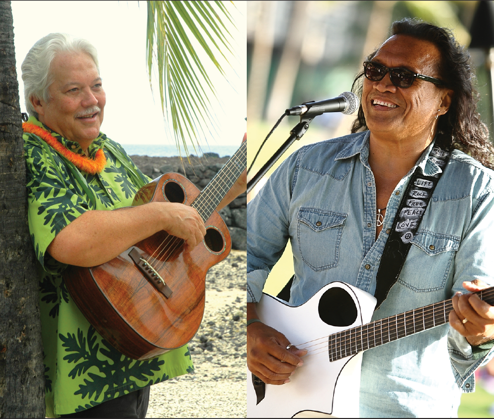 Image: Keola Beamer, a man with gray hair wearing a lei and Hawaiian shirt, holds a guitar; a second photo depicts Henry Kapono, a man with long dark hair and an electric guitar, singing into a microphone