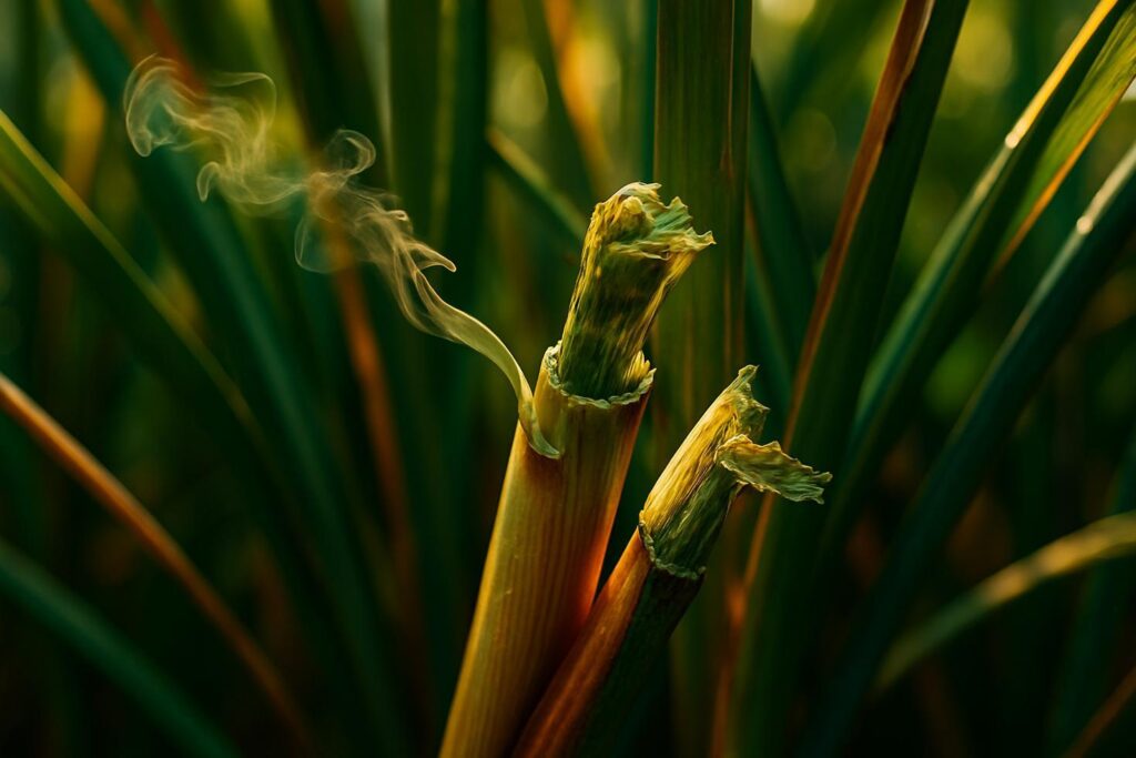 Close-up of lemongrass leaves being crushed between fingers, releasing oil droplets visible on the leaf surface.