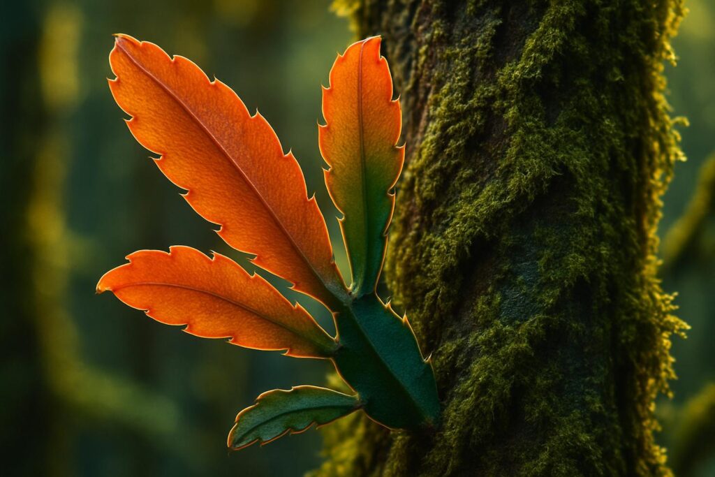 Schlumbergera with flat green segmented stems growing on mossy tree bark in a dim, humid forest setting.