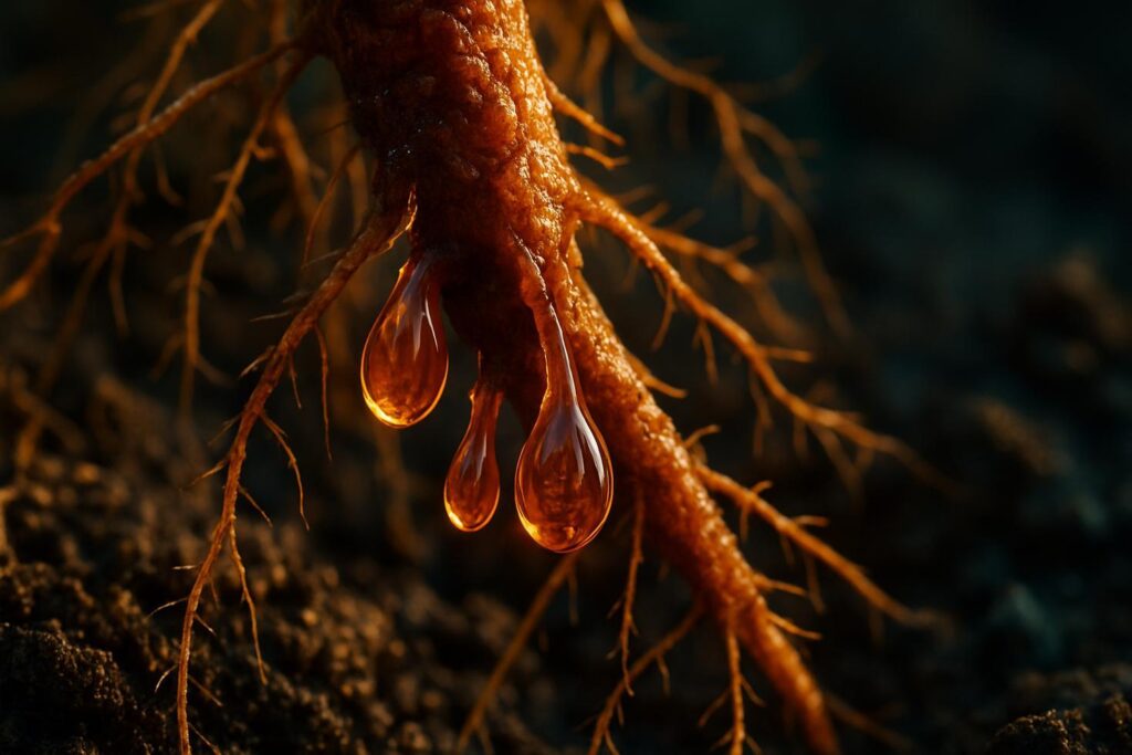 Close-up of French marigold root tips in dark soil, showing fine root structures against an earthy background.