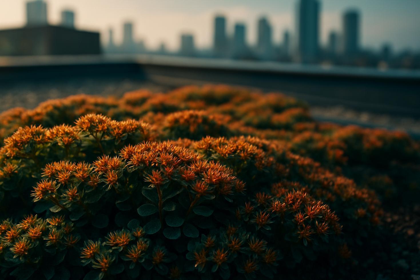 A San Francisco rooftop green roof with low-growing vegetation and solar panels visible against the city skyline.