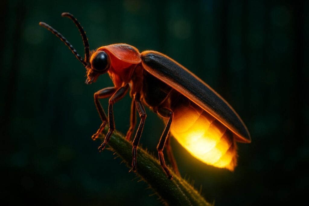 Synchronous Photinus carolinus fireflies creating coordinated light pulses among dark forest trees at Elkmont, Tennessee.