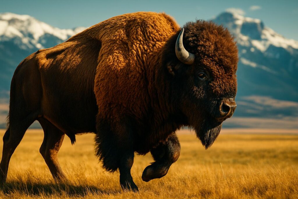 Free-roaming bison grazing on open grassland near the Rocky Mountain Front on Blackfeet tribal land in Montana.