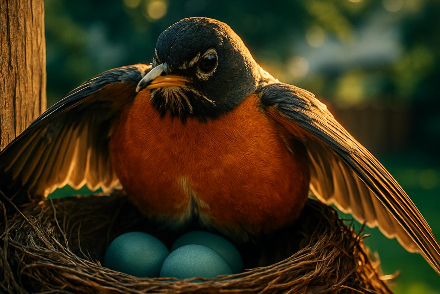 A small bird nest with two pale blue eggs nestled in a wooden fence rail, photographed close up outdoors.