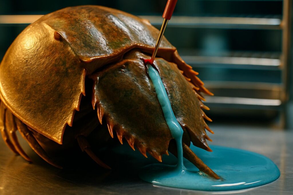 Horseshoe crab flipped on its back during biomedical bleeding, stainless steel collection vessel visible beneath pale blue blood.