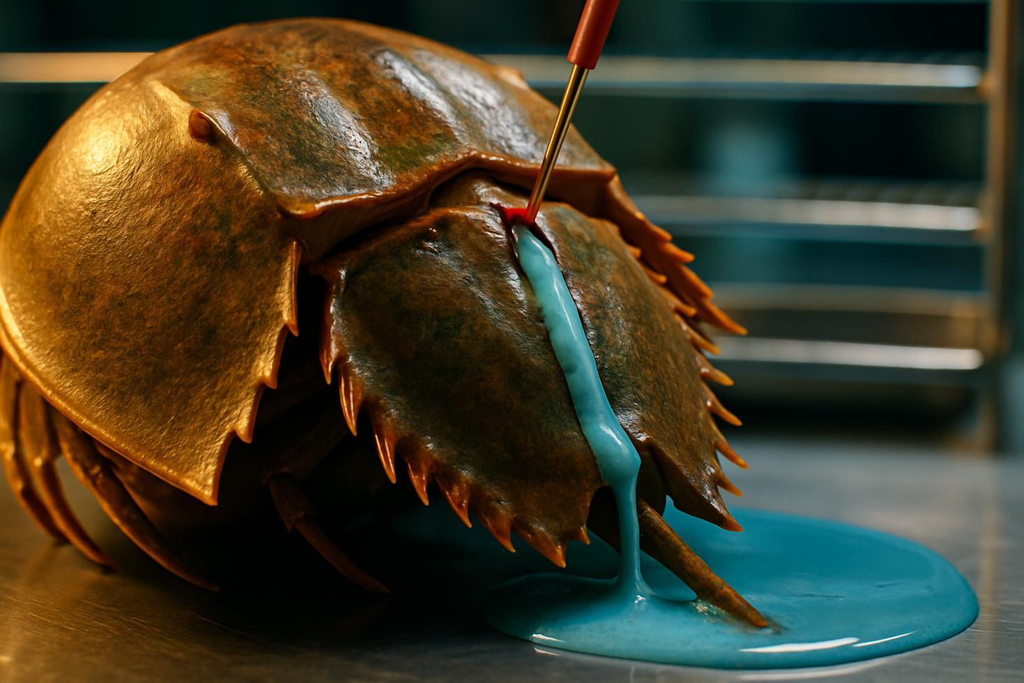 Horseshoe crab flipped on its back during biomedical bleeding, stainless steel collection vessel visible beneath pale blue blood.