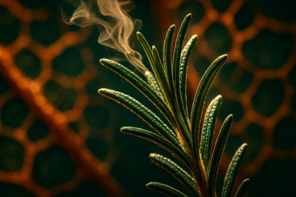 Close-up of fresh rosemary sprigs beside a diagram illustration of the blood-brain barrier with nanoparticles.