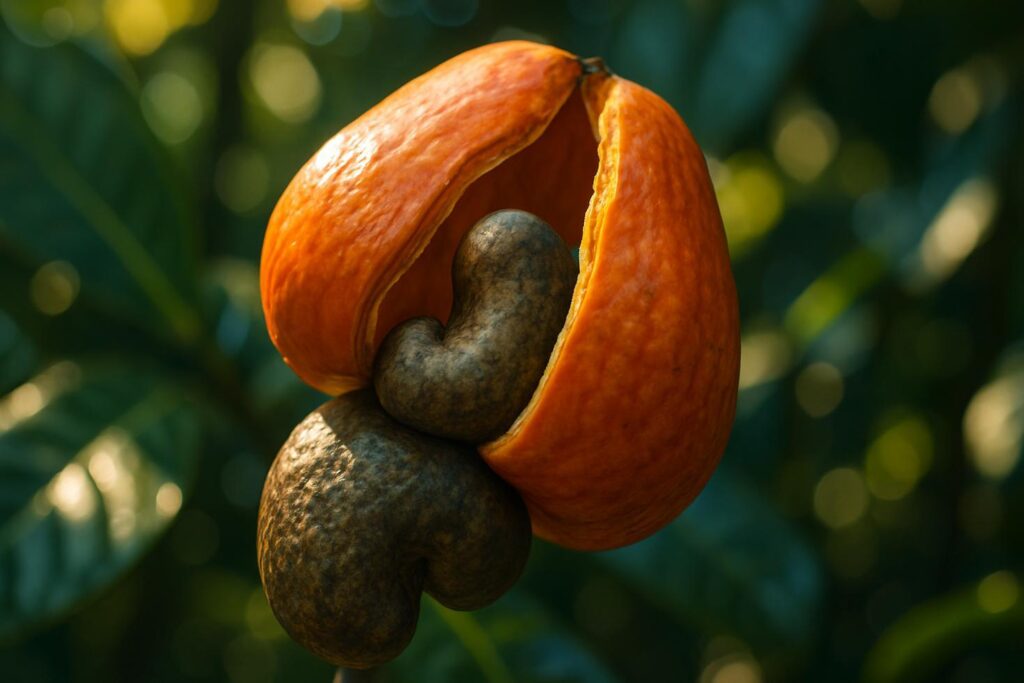 Close-up of whole cashews in their shells beside shelled pale cashew kernels on a wooden surface.