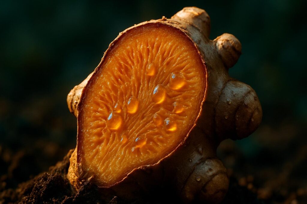 Close-up of whole and sliced fresh ginger root on a wooden surface, showing fibrous interior and knobby skin.