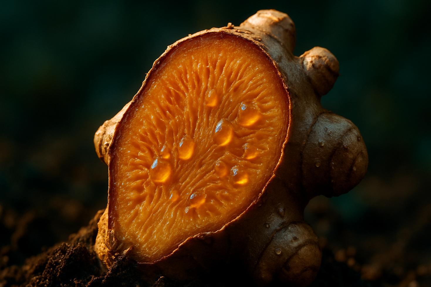 Close-up of whole and sliced fresh ginger root on a wooden surface, showing fibrous interior and knobby skin.
