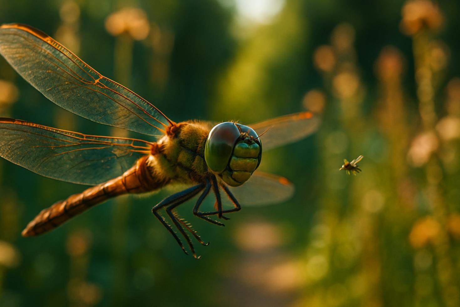 Close-up of a dragonfly perched on a thin stem against open blue sky with garden vegetation blurred below.