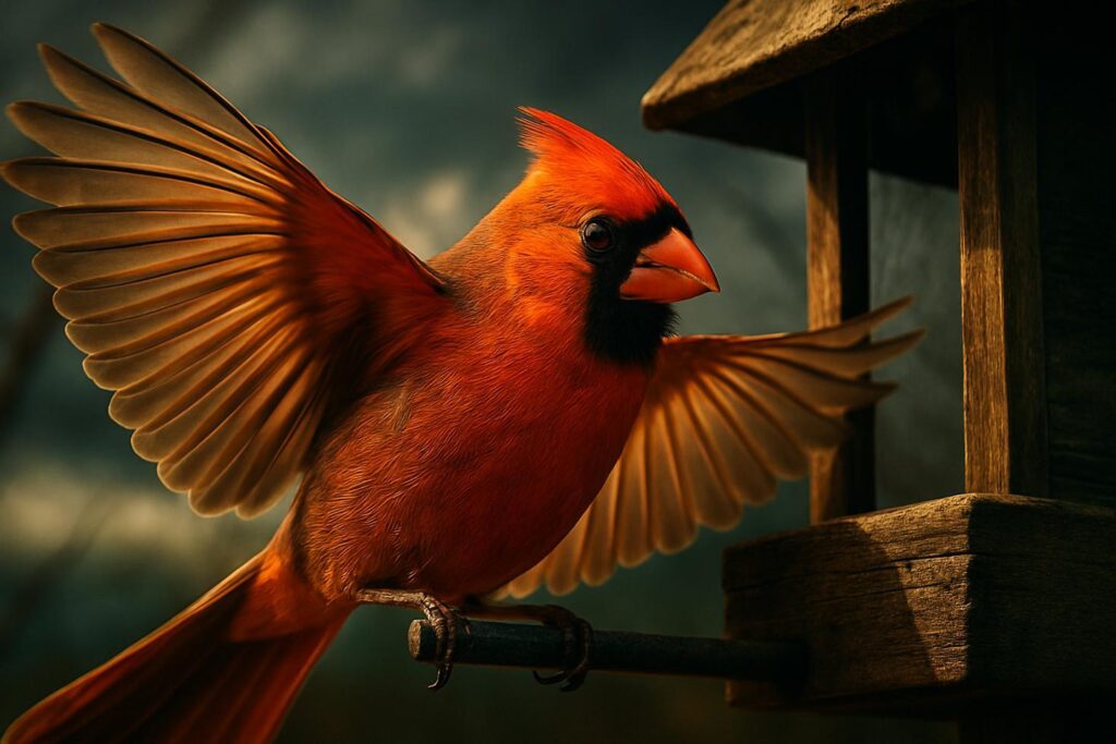A cardinal and two finches crowding a backyard bird feeder on a clear day with no visible clouds or wind.