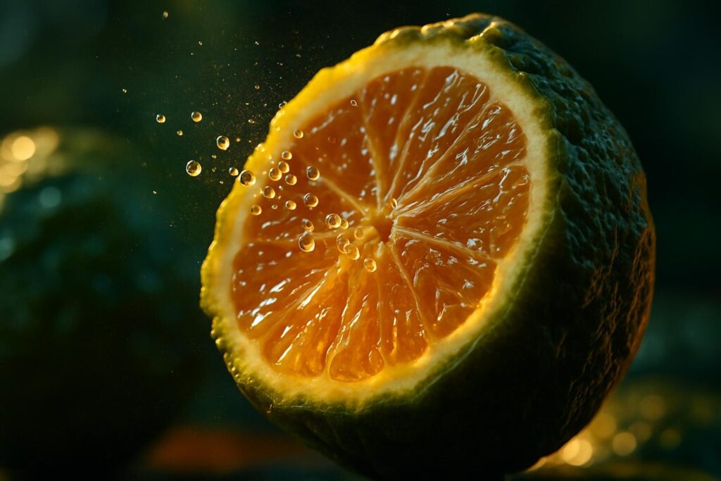 Close-up of a glass bottle of pale yellow bergamot essential oil beside dried bergamot citrus peel on a wooden surface.