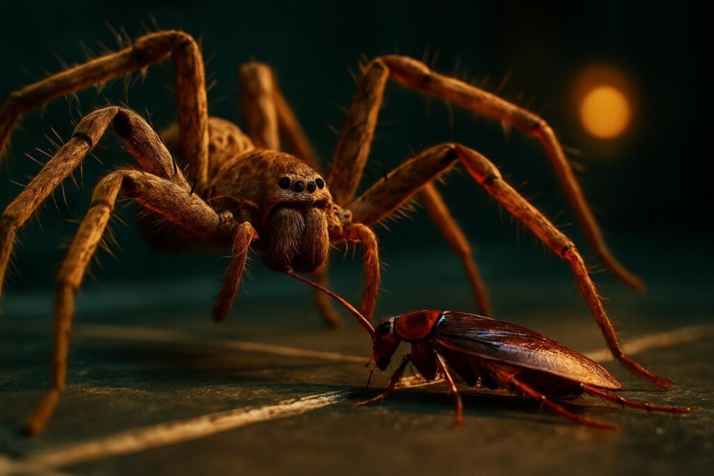 A large huntsman spider on a white interior wall at night, legs spread wide, body facing downward.