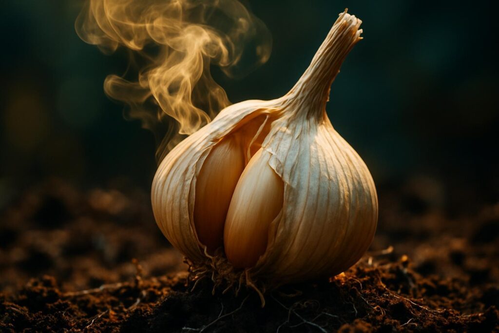 Glass jar of yellowish garlic-steeped water beside whole garlic bulbs and soil with seedling roots visible.