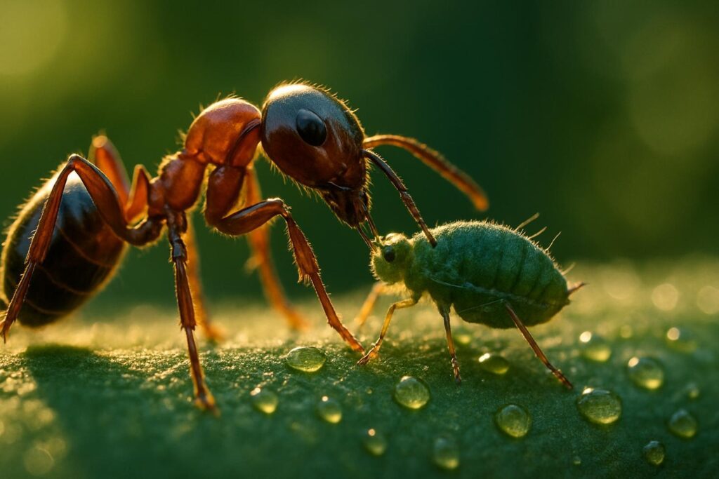 Close-up of worker ants stroking the abdomen of a green aphid on a plant stem to collect honeydew droplets.