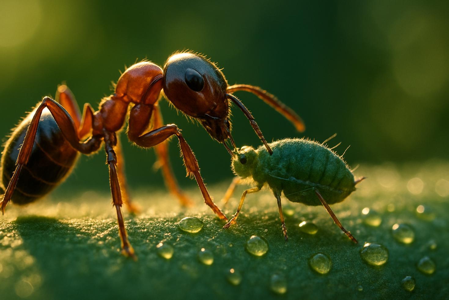 Close-up of worker ants stroking the abdomen of a green aphid on a plant stem to collect honeydew droplets.