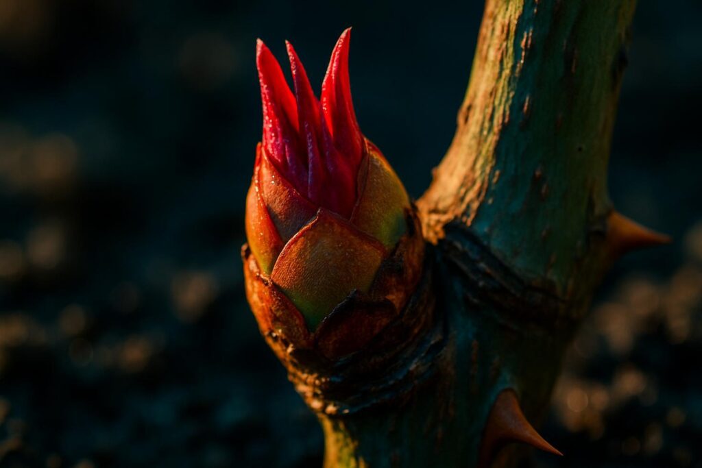 Close-up of rose crown and root zone at soil level showing dormant buds beginning to swell in early spring.