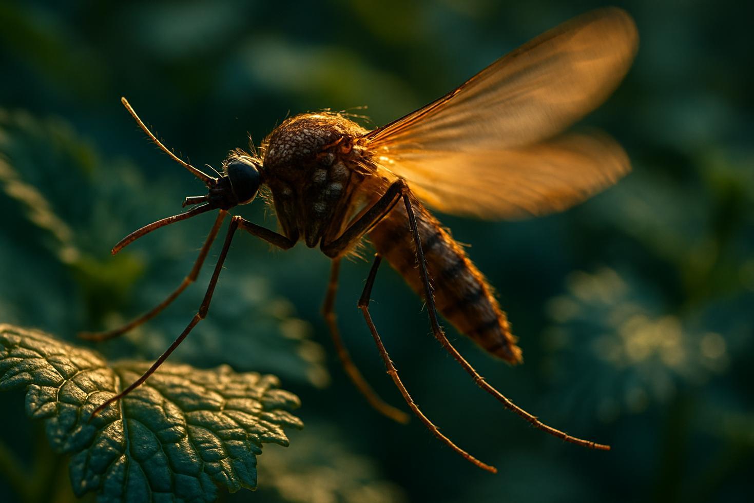 Close-up of catnip plant leaves with a mosquito in the foreground, illustrating natural insect repellency research.