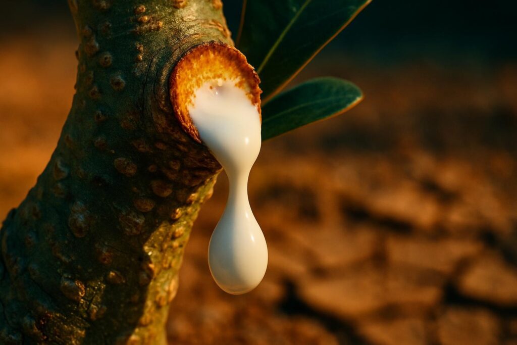 Close-up of a cut Adenium stem with white milky latex beading at the wound site against a blurred green background.