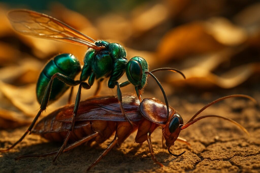 Close-up of a jewel wasp on a cockroach, iridescent green body, stinging into the cockroachs head region.