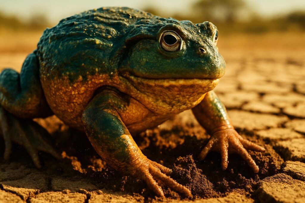 Male African bullfrog digging a mud channel at the edge of a drying shallow pool, with tadpoles visible in the water.