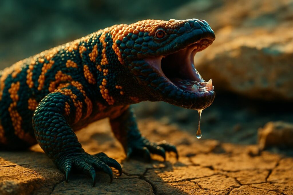 Close-up of a Gila monster lizard showing its distinctive orange and black beaded scales on rocky desert ground.