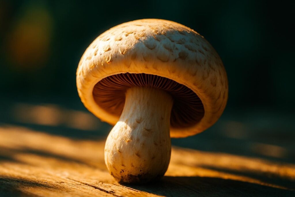 Sliced white button mushrooms arranged gill-side up on a wooden surface in bright midday sunlight outdoors.
