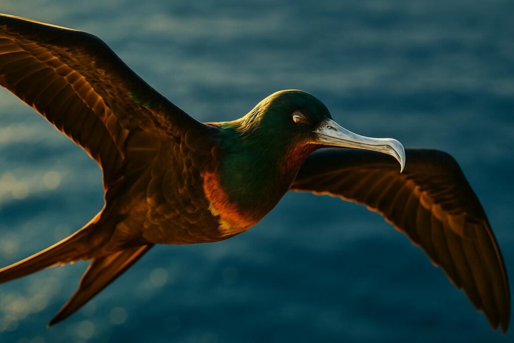 A great frigatebird soaring over open ocean with wings fully extended against a clear blue sky.