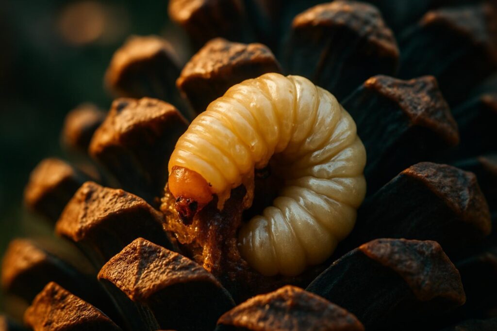 Cross-section diagram of a ponderosa pine cone showing seed cavities, scale gaps, and internal tunneling damage from insects
