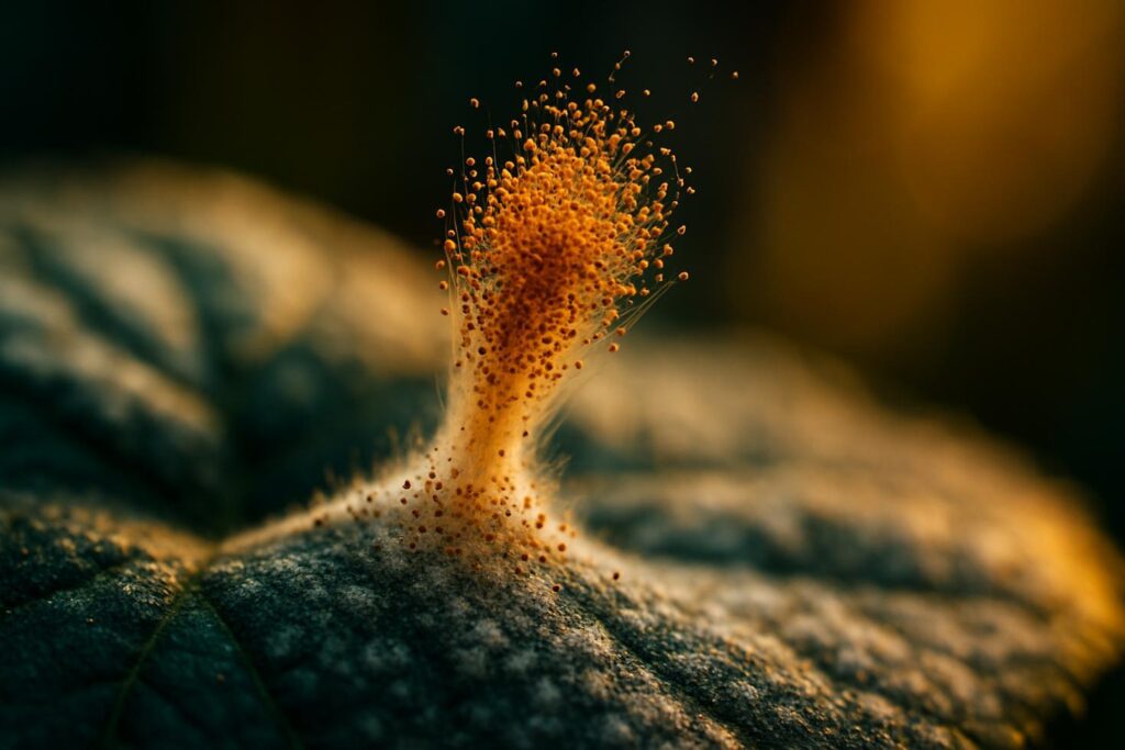 Close-up of powdery mildew on a cucumber leaf next to a small spray bottle filled with white liquid.
