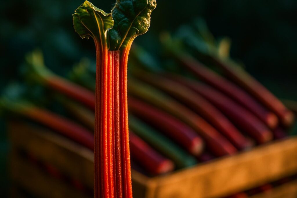Close-up of bright red rhubarb stalks with cut ends visible, arranged on a wooden surface.