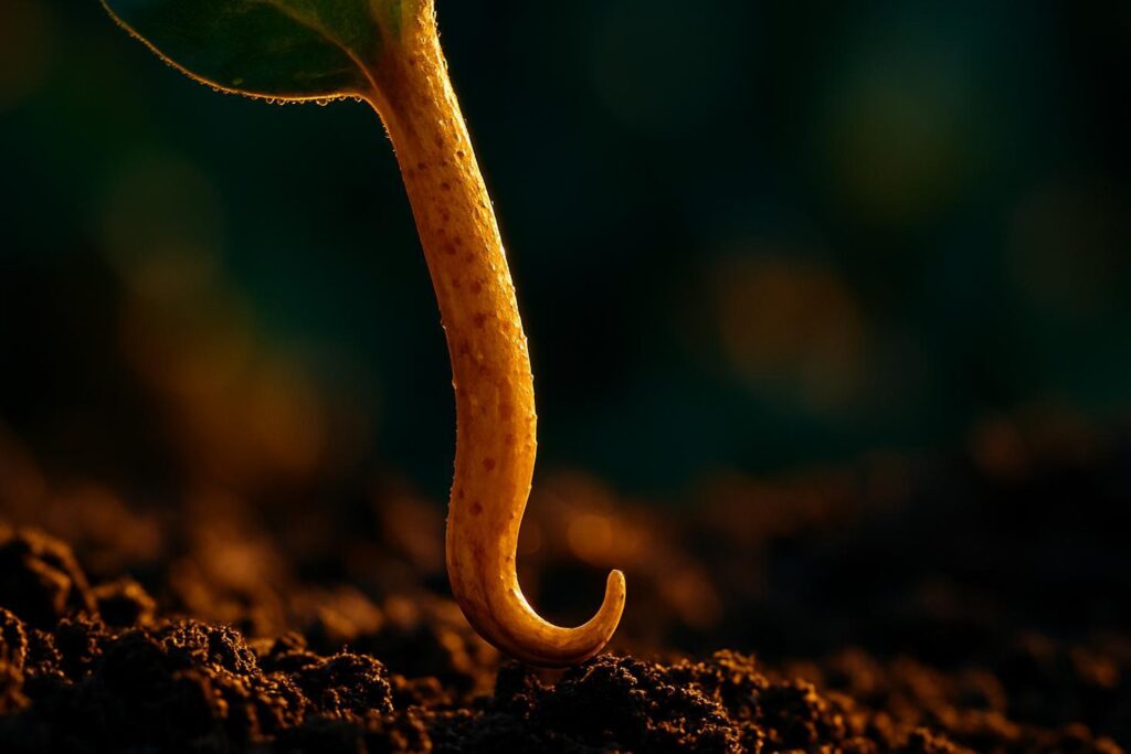 Close-up of a peanut gynophore peg bending downward from a yellow flower into brown soil, with a developing pod visible underground.