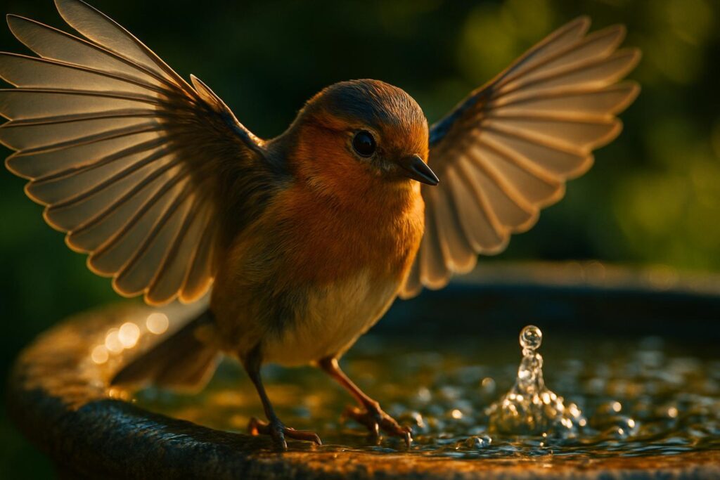 Close-up of a birdbath with a single water droplet creating ripples on the surface, surrounded by green foliage.