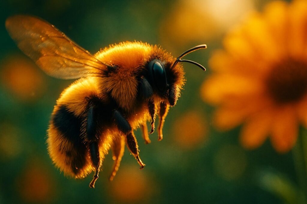 Close-up of a bumble bee on a purple flower, thorax visibly rounded and wings partially spread in warm sunlight.