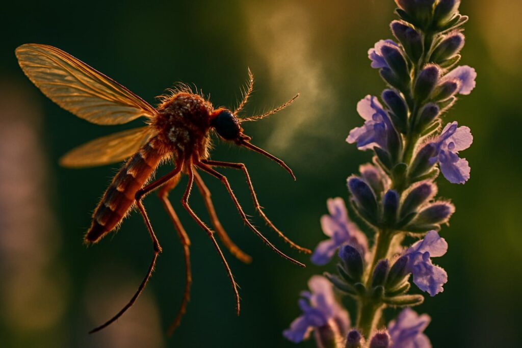 Close-up of purple catmint flowers with a mosquito hovering nearby against a soft green background.