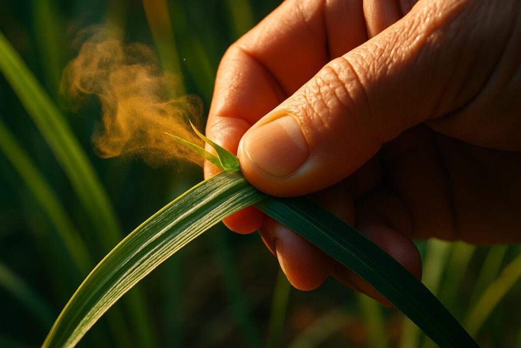 Close-up of bruised citronella grass leaves releasing visible oil droplets against a blurred green background