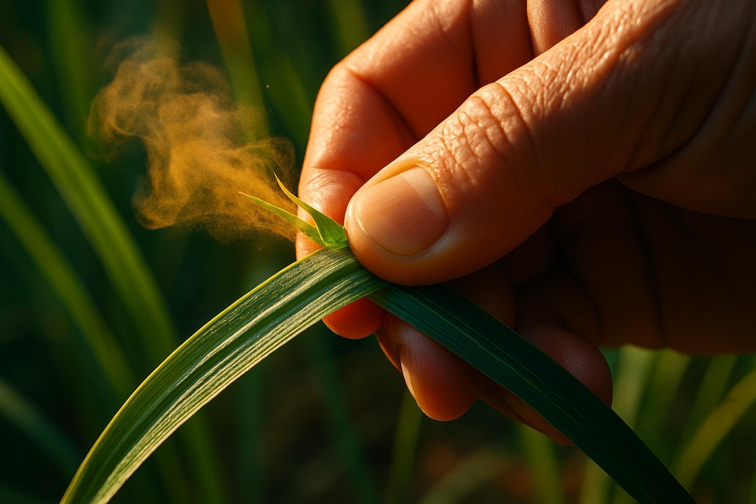Close-up of bruised citronella grass leaves releasing visible oil droplets against a blurred green background