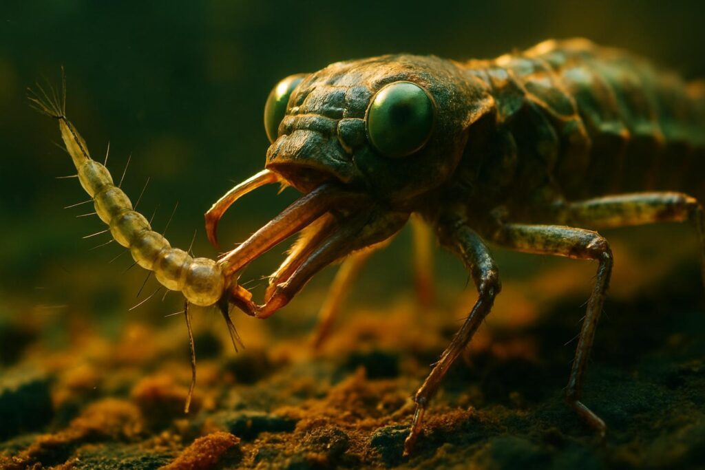 Close-up of a dragonfly larva underwater, its extendable labium jaw partially visible, resting on a muddy pond bottom.
