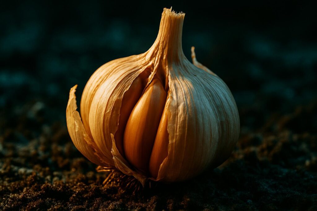 Close-up of garlic bulbs with visible clove segments resting on dark soil beside dried garlic stems.